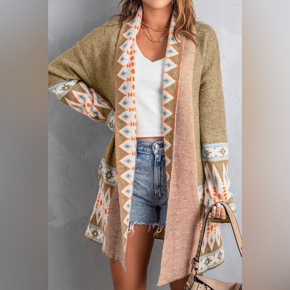 Geo Print Open Front Long Turtleneck Knitted Cardigan brown - Picture 5 of 11